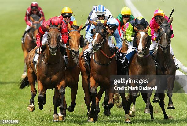 Jockey Mark Zahra riding Growl is narrowly beaten by Chris Symons riding Coppervue with Craig Newitt on Awimoweh third and Glen Boss on Dr Nipandtuck...