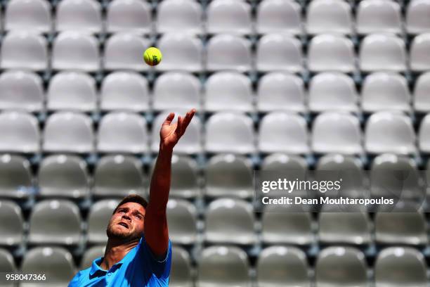 Ryan Harrison of the USA serves in his match against Yuichi Sugita of Japan during day one of the Internazionali BNL d'Italia 2018 tennis at Foro...