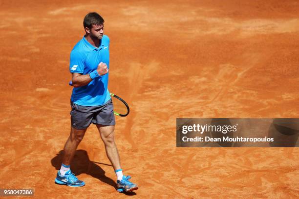 Ryan Harrison of the USA celebrates a point in his match against Yuichi Sugita of Japan during day one of the Internazionali BNL d'Italia 2018 tennis...