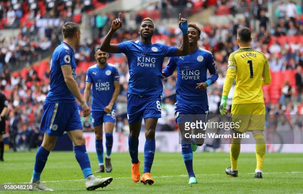 Kelechi Iheanacho of Leicester City celebrates after scoring his sides third goal during the Premier League match between Tottenham Hotspur and...