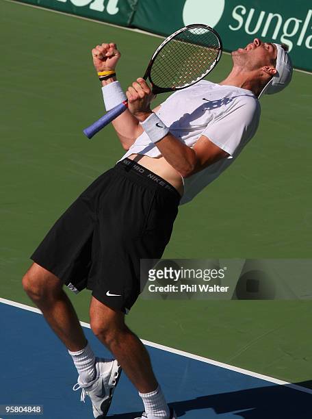 John Isner of the USA celebrates winning his final match against Arnaud Clement of France during day six of the Heineken Open at the ASB Tennis...
