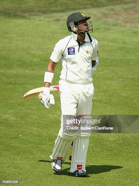 Shoaib Malik of Pakistan returns to the rooms after he was dismissed during day three of the Third Test match between Australia and Pakistan at...