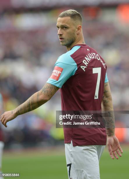 Marko Arnautovic of West Ham United in action during the Premier League match between West Ham United and Everton at London Stadium on May 13, 2018...