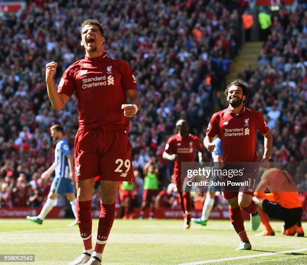 Dominic Solanke of Liverpool scores and celebrates the third goal during the Premier League match between Liverpool and Brighton and Hove Albion at...