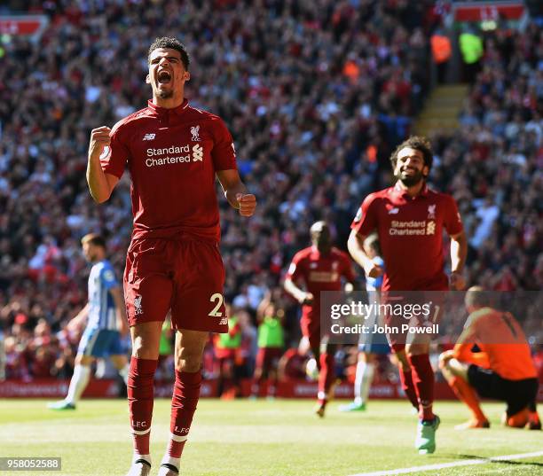 Dominic Solanke of Liverpool scores and celebrates the third goal during the Premier League match between Liverpool and Brighton and Hove Albion at...