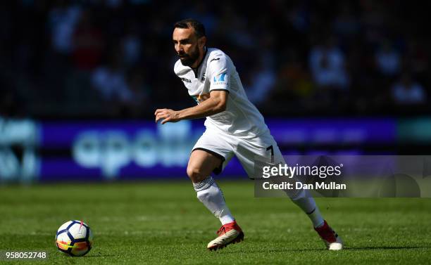 Leon Britton of Swansea City in action during the Premier League match between Swansea City and Stoke City at Liberty Stadium on May 13, 2018 in...