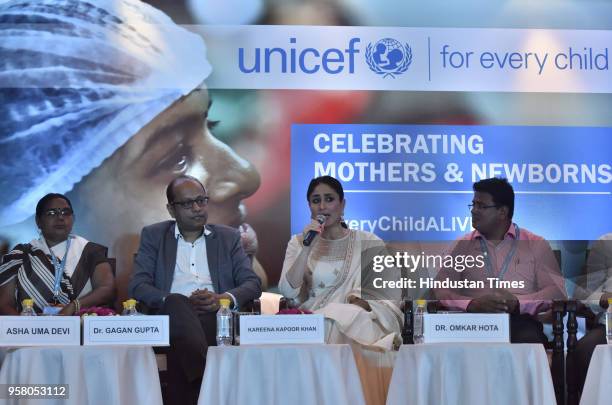 Social worker Asha Uma Devi, UNICEF Officiating Chief of Health Dr. Gagan Gupta, with UNICEF Goodwill Advocate Kareena Kapoor Khan during a program...