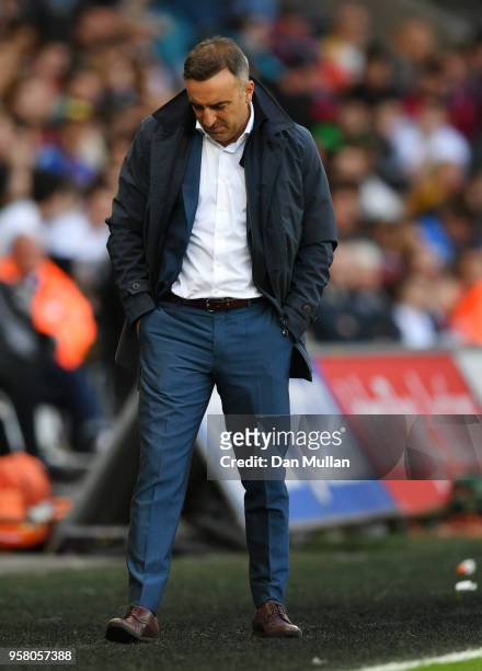 Carlos Carvalhal, Manager of Swansea City reacts during the Premier League match between Swansea City and Stoke City at Liberty Stadium on May 13,...