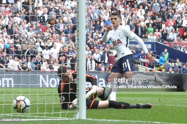 Erik Lamela of Tottenham scores their 4th goal during the Premier League match between Tottenham Hotspur and Leicester City at Wembley Stadium on May...
