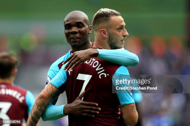 Marko Arnautovic of West Ham United celebrates with Joao Mario of West Ham United after scoring his sides second goal during the Premier League match...