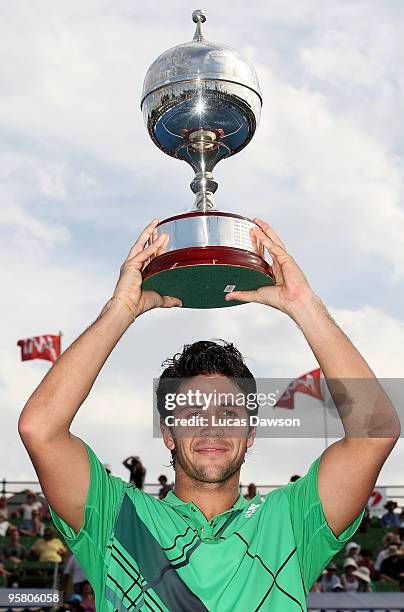 Fernando Verdasco of Spain celebrates after winning the final match against Jo-Wilfried Tsonga of France during day four of the 2010 Kooyong Classic...