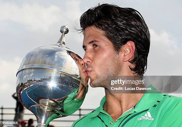 Fernando Verdasco of Spain celebrates after winning the final match against Jo-Wilfried Tsonga of France during day four of the 2010 Kooyong Classic...