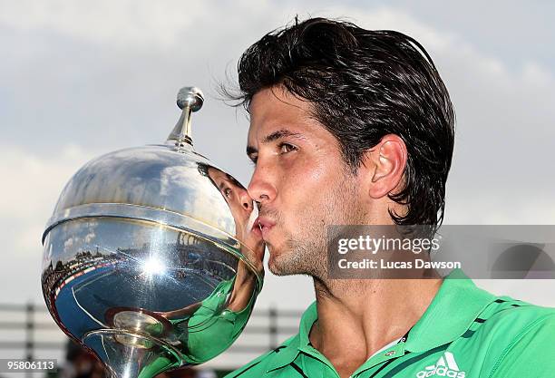 Fernando Verdasco of Spain celebrates after winning the final match against Jo-Wilfried Tsonga of France during day four of the 2010 Kooyong Classic...