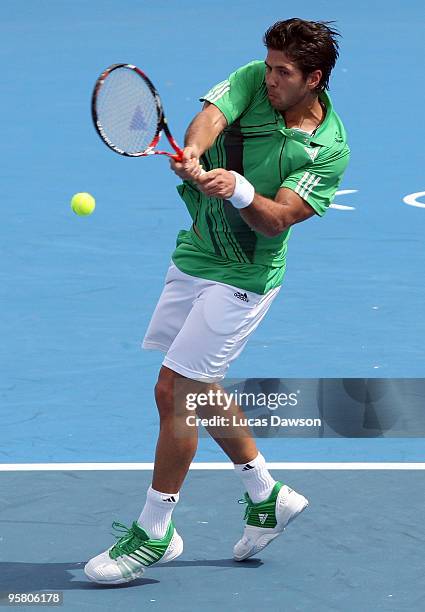 Fernando Verdasco of Spain plays a backhand in the final match against Jo-Wilfried Tsonga of France during day four of the 2010 Kooyong Classic at...