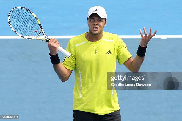 Jo-Wilfried Tsonga of France reacts after a point in the final match against Fernando Verdasco of Spain during day four of the 2010 Kooyong Classic...