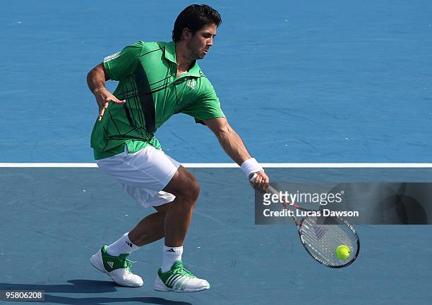 Fernando Verdasco of Spain plays a forehand in the final match against Jo-Wilfried Tsonga of France during day four of the 2010 Kooyong Classic at...