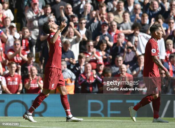 Dominic Solanke of Liverpool scores and celebrates the third goal during the Premier League match between Liverpool and Brighton and Hove Albion at...