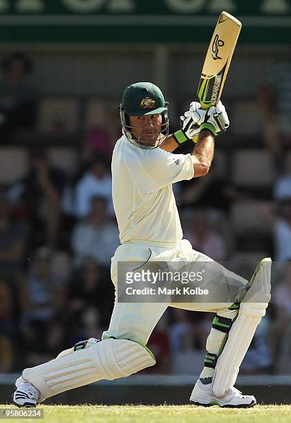 Ricky Ponting of Australia plays a ball behind square during day two of the Third Test match between Australia and Pakistan at Bellerive Oval on...