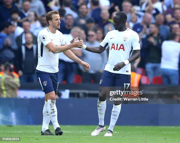 Harry Kane of Tottenham Hotspur celebrates with Moussa Sissoko of Tottenham Hotspur after scoring his sides 5th goal during the Premier League match...