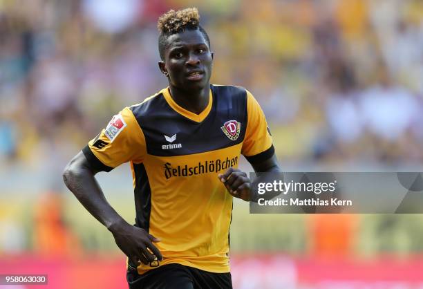 Moussa Kone of Dresden looks on during the Second Bundesliga match between SG Dynamo Dresden and 1.FC Union Berlin at DDV-Stadion on May 13, 2018 in...