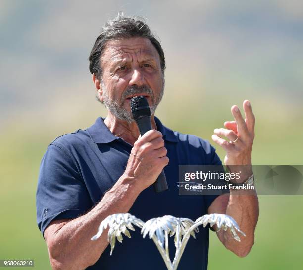 Sir Rocco Forte gives a speech afte the final round of the The Rocco Forte Open at the Verdura Gol Resort on May 13, 2018 in Sciacca, Italy.