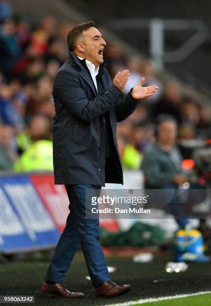 Carlos Carvalhal, Manager of Swansea City reacts during the Premier League match between Swansea City and Stoke City at Liberty Stadium on May 13,...