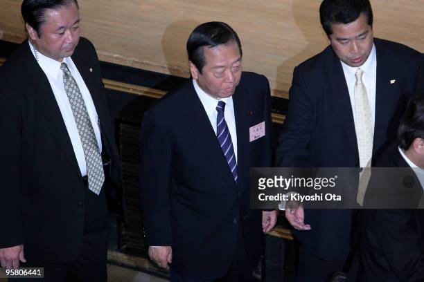 Secretary General of the ruling Democratic Party of Japan Ichiro Ozawa attends the party's annual convention at Hibiya Kokaido on January 16, 2010 in...