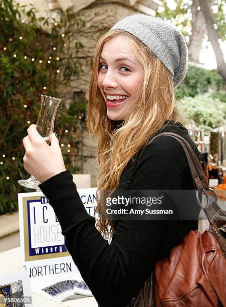 Actress Alex McKenna drinks ice wine from the Ice House Winery at the Oh Canada Gift Suite at Peninsula Hotel on January 15, 2010 in Beverly Hills,...