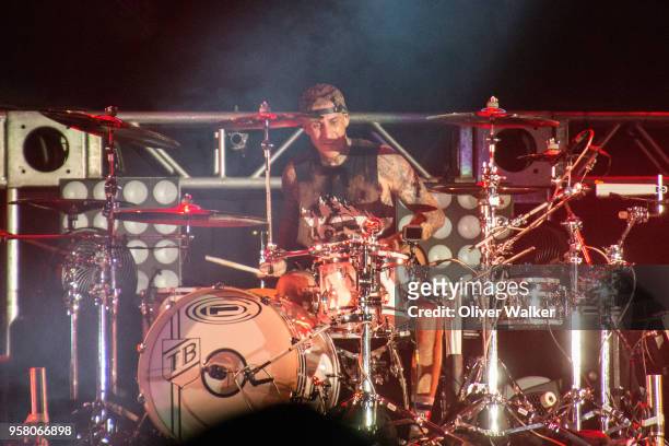 Travis Barker of Blink-182 performs at StubHub Center on May 12, 2018 in Carson, California.