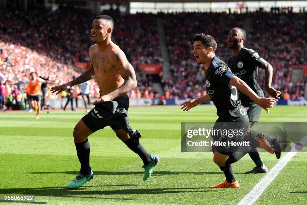 Gabriel Jesus, Brahim Diaz and Raheem Sterling of Manchester City celebratres after the Premier League match between Southampton and Manchester City...