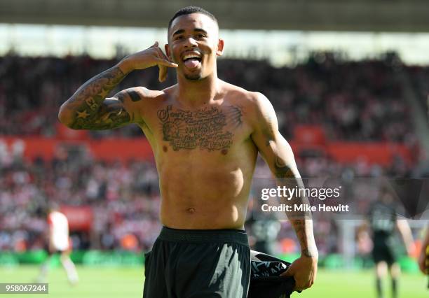 Gabriel Jesus of Manchester City celebrates scoring his sides first goal during the Premier League match between Southampton and Manchester City at...