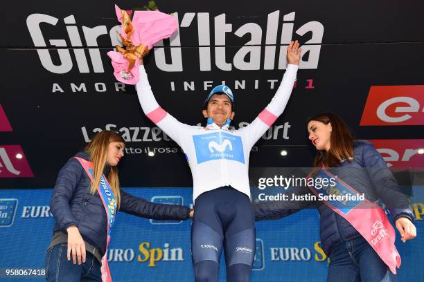 Podium / Richard Carapaz of Ecuador and Movistar Team White Young Jersey / Celebration / during the 101th Tour of Italy 2018, Stage 9 a 225km stage...