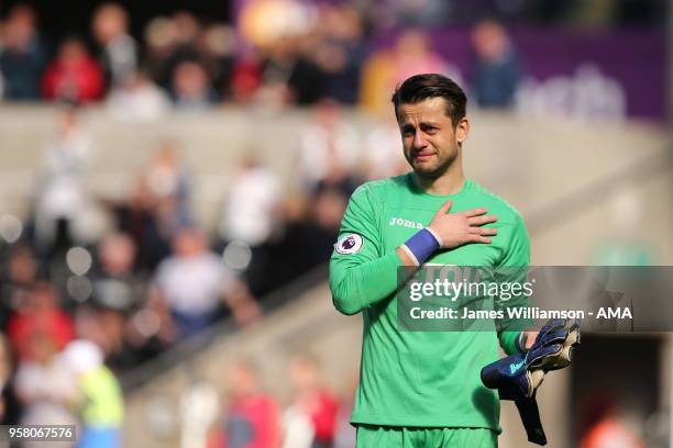 Dejected Lukasz Fabianski of Swansea City at full time of the Premier League match between Swansea City and Stoke City at Liberty Stadium on May 13,...