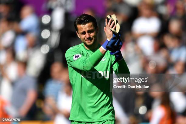 Lukasz Fabianski of Swansea City cries as he leaves the pitch during the Premier League match between Swansea City and Stoke City at Liberty Stadium...