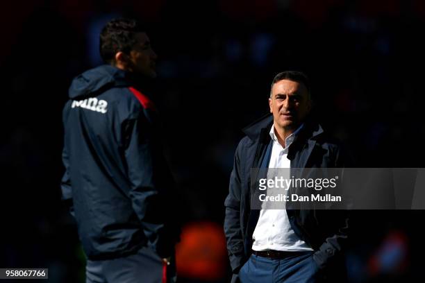 Carlos Carvalhal, Manager of Swansea City looks on after the Premier League match between Swansea City and Stoke City at Liberty Stadium on May 13,...