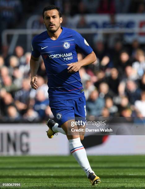 Pedro of Chelsea in action during the Premier League match between Newcastle United and Chelsea at St. James Park on May 13, 2018 in Newcastle upon...