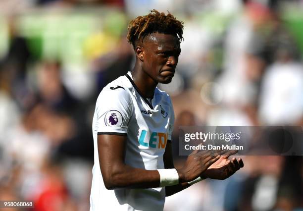 Tammy Abraham of Swansea City is dejected at the full time whistle after the Premier League match between Swansea City and Stoke City at Liberty...