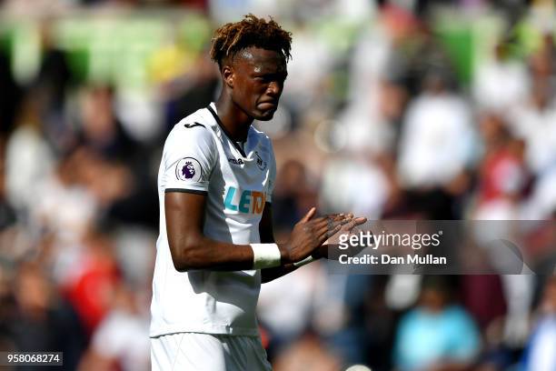 Tammy Abraham of Swansea City shows appreciation to the fans after the Premier League match between Swansea City and Stoke City at Liberty Stadium on...