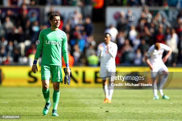 Lukasz Fabianski of Swansea City looks on after the final whistle after the Premier League match between Swansea City and Stoke City at Liberty...