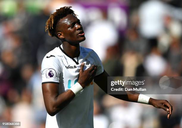 Tammy Abraham of Swansea City is dejected at the full time whistle after the Premier League match between Swansea City and Stoke City at Liberty...