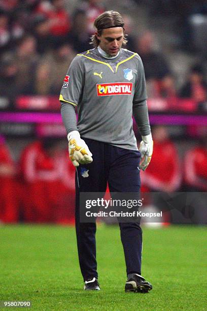 Timo Hildebrand of Hoffenheim looks dejected during the Bundesliga match between Bayern Muenchen and 1899 Hoffenheim at the Allianz Arena on January...