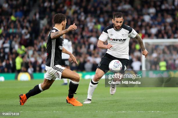 Bradley Johnson, goes past a defender during the Sky Bet Championship Play Off Semi FinalFirst Leg between Derby County and Fulham on May 11, 2018 at...