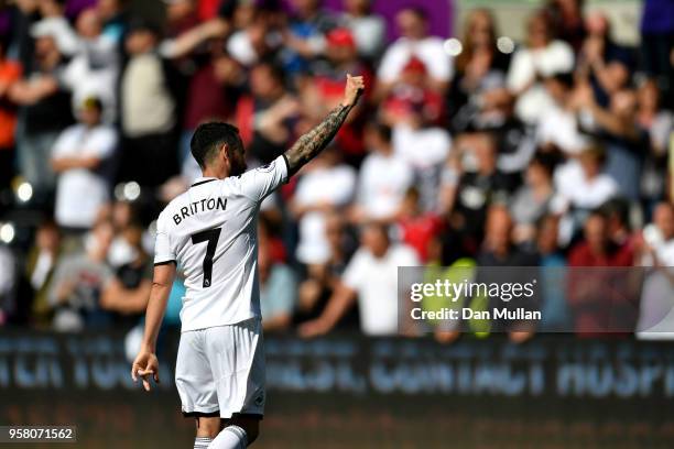 Leon Britton, of Swansea City applauds fans during the Premier League match between Swansea City and Stoke City at Liberty Stadium on May 13, 2018 in...
