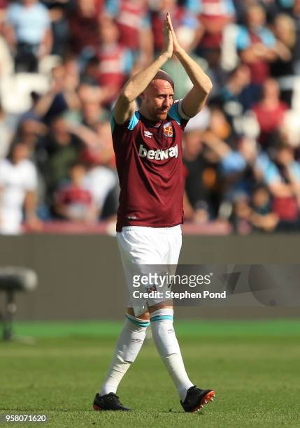 James Collins of West Ham United shows his emotions following the Premier League match between West Ham United and Everton at London Stadium on May...