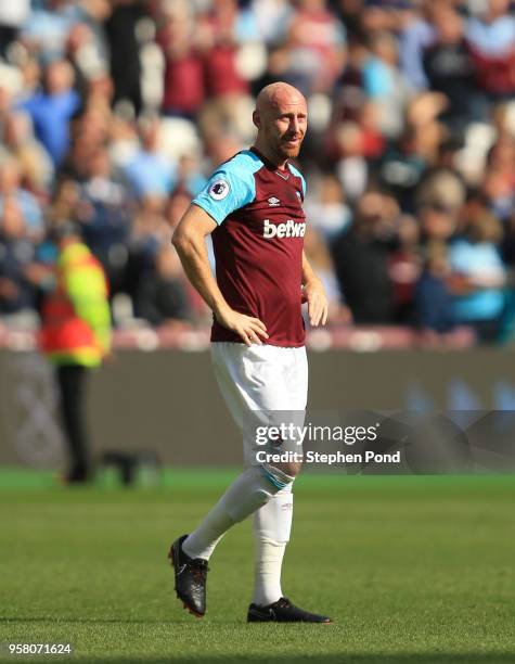 James Collins of West Ham United shows his emotions following the Premier League match between West Ham United and Everton at London Stadium on May...