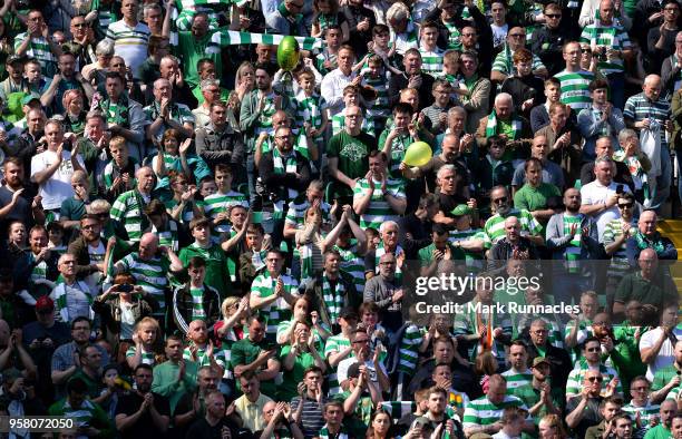 Celtic fans react as Celtic win the Ladbrokes Scottish Premier League during the Scottish Premier League match between Celtic and Aberdeen at Celtic...