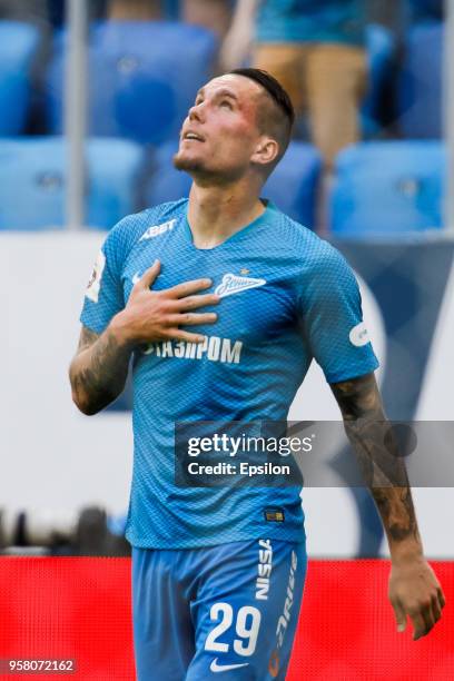 Anton Zabolotny of FC Zenit Saint Petersburg celebrates his goal during the Russian Football League match between FC Zenit Saint Petersburg and FC...