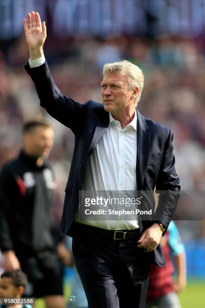 David Moyes, Manager of West Ham United shows appreciation to the fans after the Premier League match between West Ham United and Everton at London...