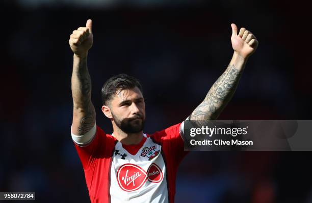 Charlie Austin of Southampton reacts at the full time whistle as his team avoid the relegation the Premier League match between Southampton and...