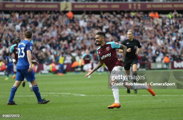 West Ham United's Manuel Lanzini celebrates scoring his side's first goal during the Premier League match between West Ham United and Everton at...